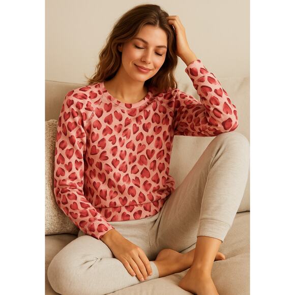 PJ Salvage Pajama Top Womens Medium Pink Heart Print Lounge SweatshirtNWT
